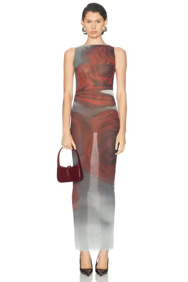 Jean Paul Gaultier Boat Neck Blurry Roses Printed Sleeveless Dress