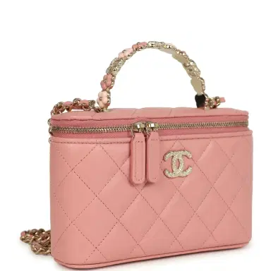 Chanel Chanel Flower Top Handle Long Vanity Case with Chain Pink Lambskin Light Gold Hardware | Thumbnail 2 Chanel Chanel Flower Top Handle Long Vanity Case with Chain Pink Lambskin Light Gold Hardware | Thumbnail 2