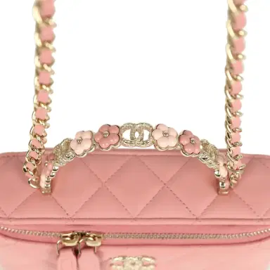 Chanel Chanel Flower Top Handle Long Vanity Case with Chain Pink Lambskin Light Gold Hardware | Thumbnail 8 Chanel Chanel Flower Top Handle Long Vanity Case with Chain Pink Lambskin Light Gold Hardware | Thumbnail 8