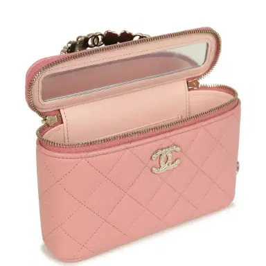Chanel Chanel Flower Top Handle Long Vanity Case with Chain Pink Lambskin Light Gold Hardware | Thumbnail 9 Chanel Chanel Flower Top Handle Long Vanity Case with Chain Pink Lambskin Light Gold Hardware | Thumbnail 9
