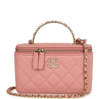 Chanel Chanel Flower Top Handle Long Vanity Case with Chain Pink Lambskin Light Gold Hardware | Thumbnail 1 Chanel Chanel Flower Top Handle Long Vanity Case with Chain Pink Lambskin Light Gold Hardware | Thumbnail 1
