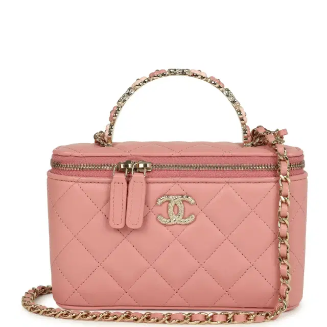 Chanel Chanel Flower Top Handle Long Vanity Case with Chain Pink Lambskin Light Gold Hardware