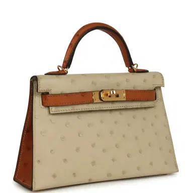 HERMÈS Hermes Special Order (HSS) Kelly Sellier 20 Parchemin and Cognac Ostrich Gold Hardware | Thumbnail 2 HERMÈS Hermes Special Order (HSS) Kelly Sellier 20 Parchemin and Cognac Ostrich Gold Hardware | Thumbnail 2