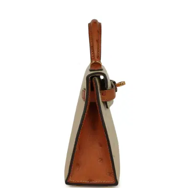 HERMÈS Hermes Special Order (HSS) Kelly Sellier 20 Parchemin and Cognac Ostrich Gold Hardware | Thumbnail 3 HERMÈS Hermes Special Order (HSS) Kelly Sellier 20 Parchemin and Cognac Ostrich Gold Hardware | Thumbnail 3