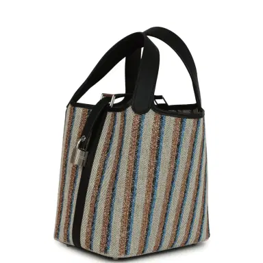 HERMÈS Hermes Stripe Picotin Lock 18 Black Swift and Ecru, Bleu, Black and Fauve Toile H Canvas Palladium Hardware | Thumbnail 5 HERMÈS Hermes Stripe Picotin Lock 18 Black Swift and Ecru, Bleu, Black and Fauve Toile H Canvas Palladium Hardware | Thumbnail 5