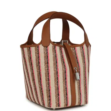 HERMÈS Hermes Stripe Picotin Lock 18 Gold Swift and Ecru-Beige, Rose Pop, Black and Fauve Toile H Canvas Palladium Hardware | Thumbnail 2