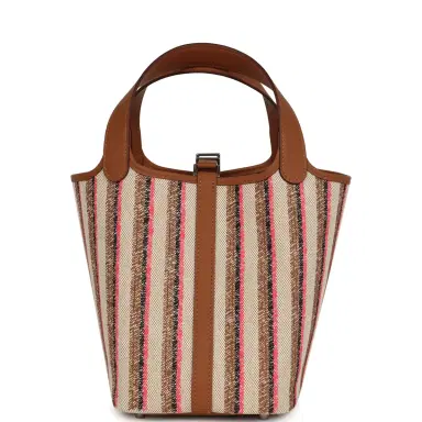 HERMÈS Hermes Stripe Picotin Lock 18 Gold Swift and Ecru-Beige, Rose Pop, Black and Fauve Toile H Canvas Palladium Hardware | Thumbnail 4