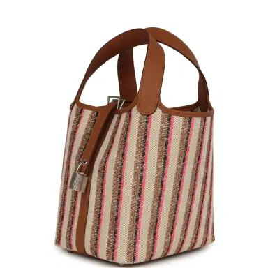 HERMÈS Hermes Stripe Picotin Lock 18 Gold Swift and Ecru-Beige, Rose Pop, Black and Fauve Toile H Canvas Palladium Hardware | Thumbnail 5
