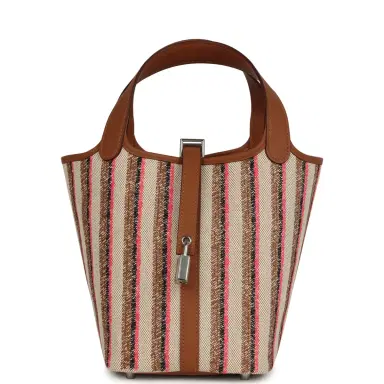 HERMÈS Hermes Stripe Picotin Lock 18 Gold Swift and Ecru-Beige, Rose Pop, Black and Fauve Toile H Canvas Palladium Hardware | Thumbnail 1