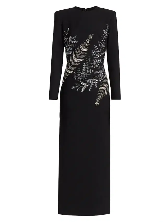 Women's Fern Embroidered Long-Sleeve Stretch-Wool Gown - Black