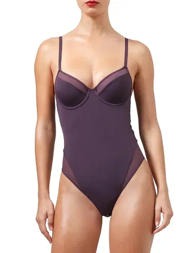 Wolford Women's Sheer Opaque Plunge Bodysuit - Aubergine - Size XS | Thumbnail 1