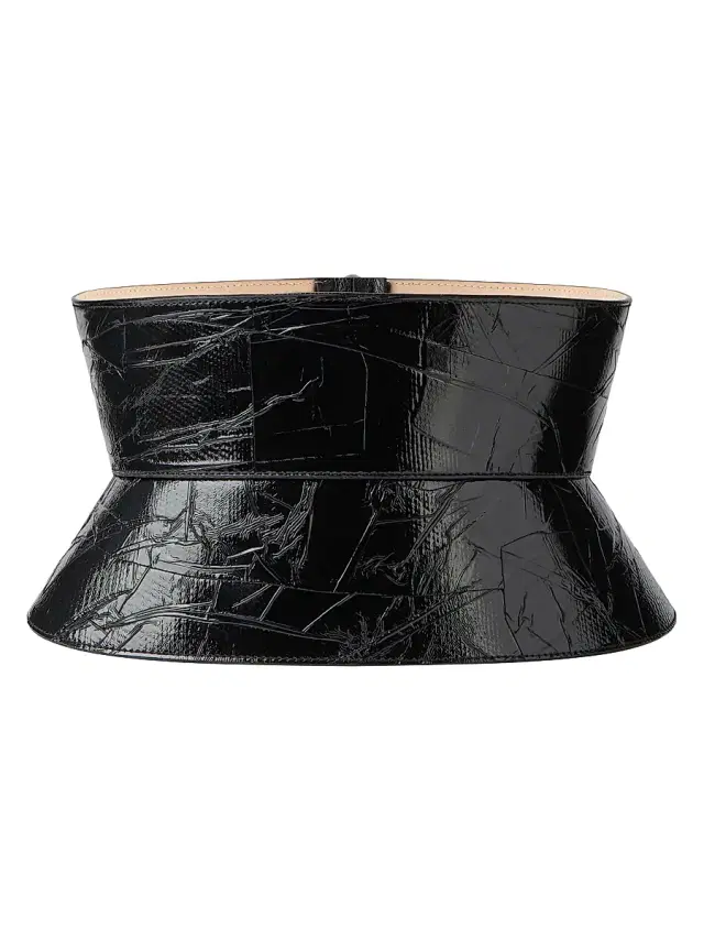 Women's Corset Belt in Nappa Leather with Tape Print - Black