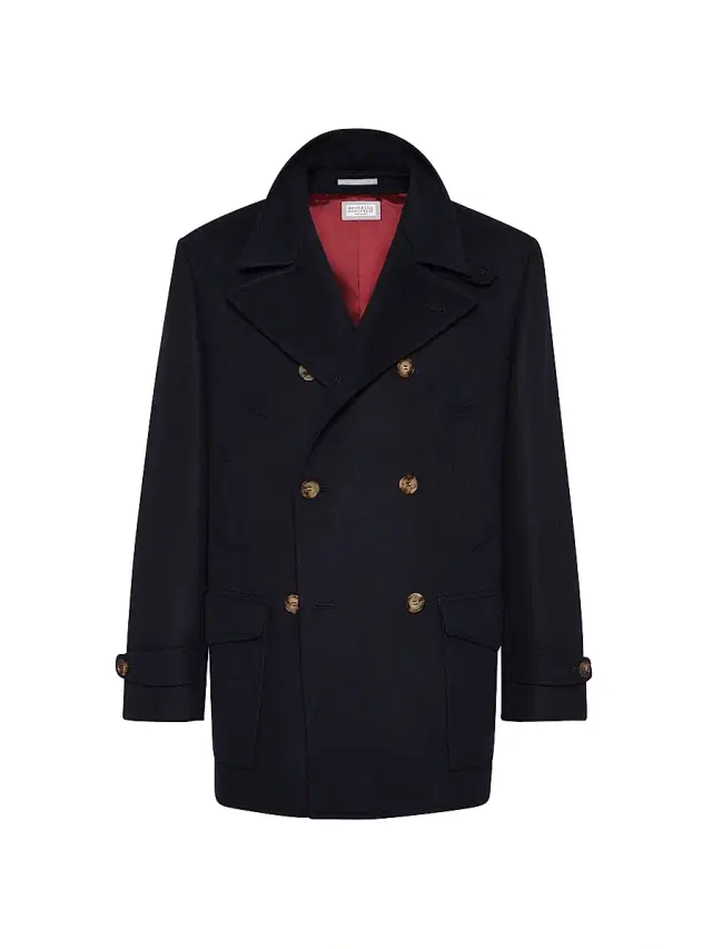 Men's Wool Flannel Double Cloth Four Pocket Pea Coat - Navy Blue