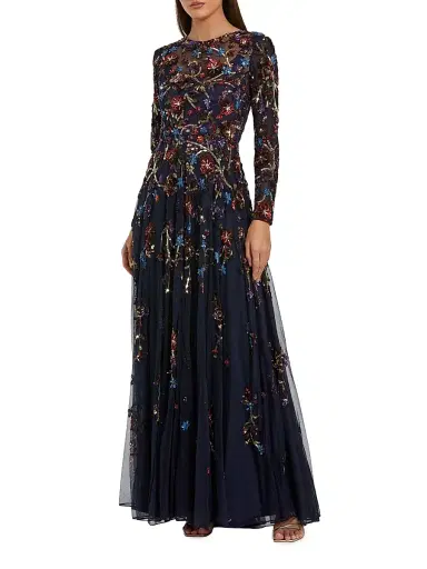 Mac Duggal Women's Floral Beaded Mesh A-Line Gown - Midnight Multi - Size 24 | Thumbnail 1