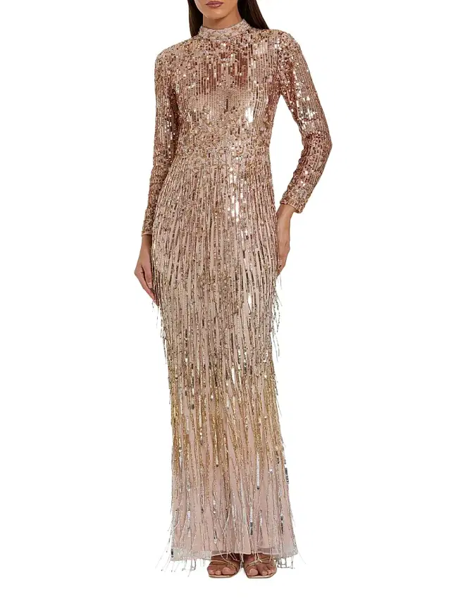 Mac Duggal Women's Sequined Fringe Column Gown - Gold Silver Ombre