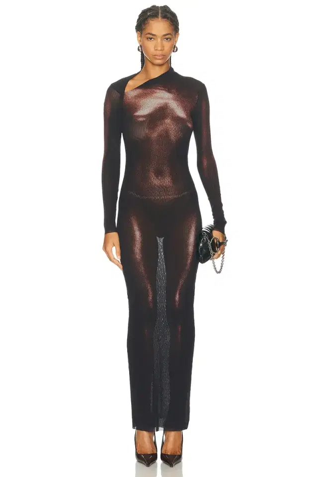 Jean Paul Gaultier Asymmetric Collar Long Body Dust Print Dress
