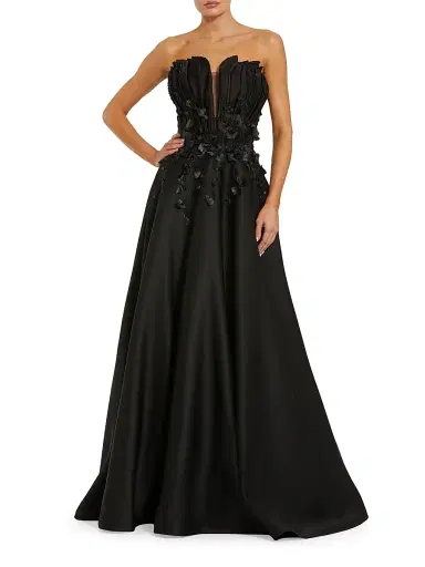 Mac Duggal Women's Beaded Floral-Appliquéd Charmeuse Strapless Gown - Black - Size 14 | Thumbnail 1 Mac Duggal Women's Beaded Floral-Appliquéd Charmeuse Strapless Gown - Black - Size 14 | Thumbnail 1