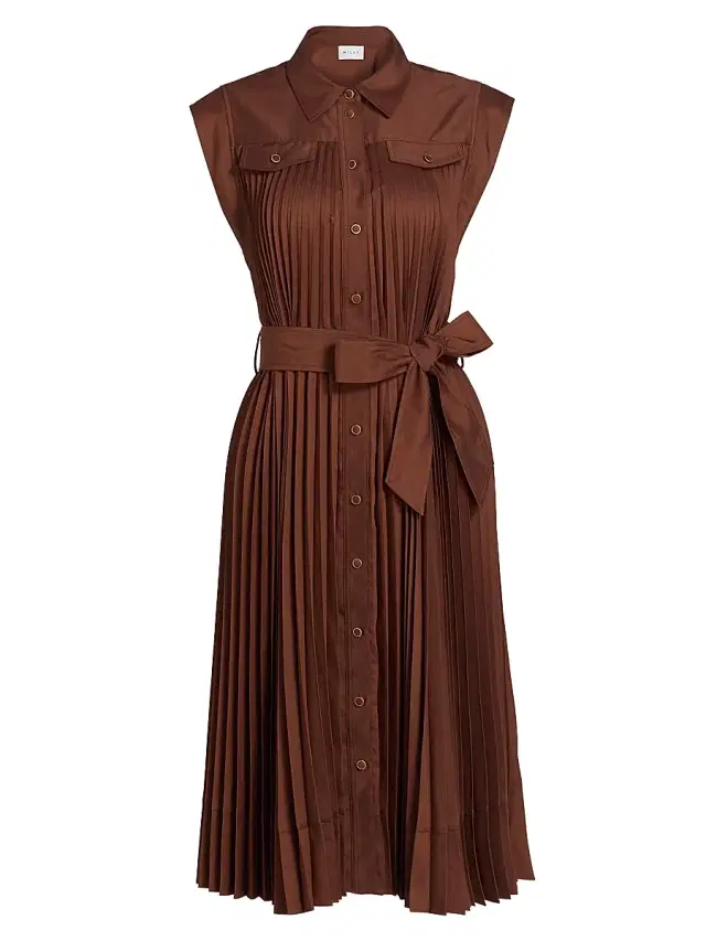Milly Women's Johanna Pleated Twill Midi-Dress - Brown