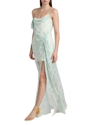 BCBGMAXAZRIA Women's Mesh Sequin One-Shoulder Floral Gown - Sky Floral Print | Thumbnail 2