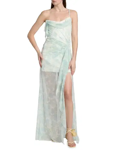 BCBGMAXAZRIA Women's Mesh Sequin One-Shoulder Floral Gown - Sky Floral Print | Thumbnail 3