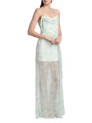 BCBGMAXAZRIA Women's Mesh Sequin One-Shoulder Floral Gown - Sky Floral Print | Thumbnail 4