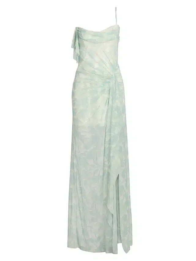 Women's Mesh Sequin One-Shoulder Floral Gown - Sky Floral Print