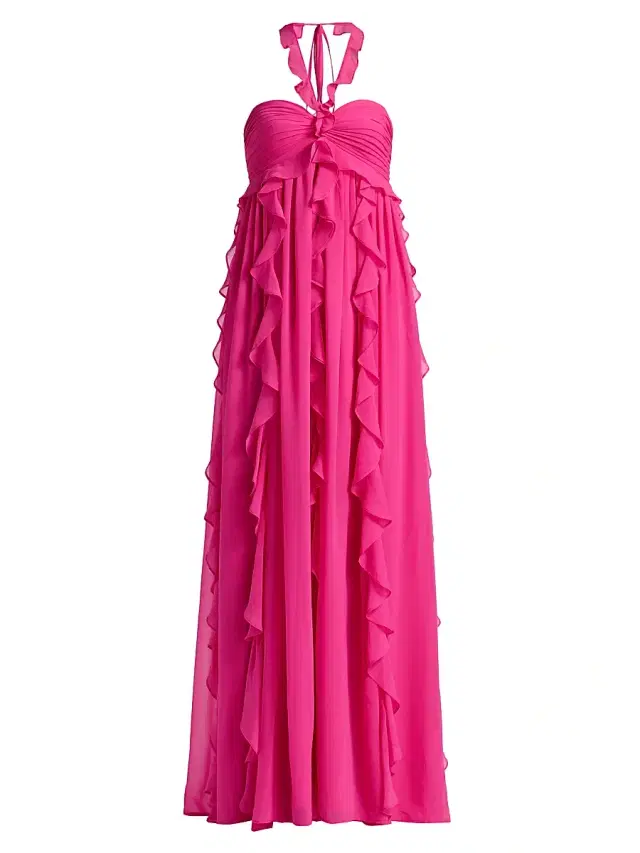 Women's Ruffled Chiffon Halterneck Gown - Fuchsia Purple