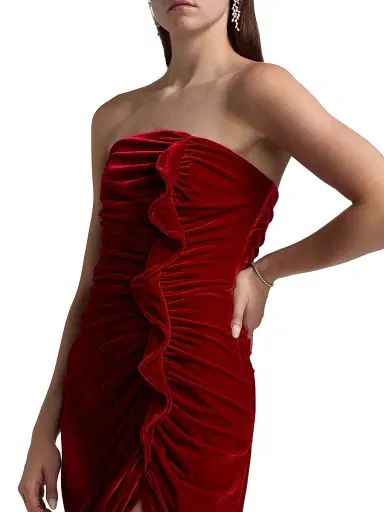 BCBGMAXAZRIA Women's Ruffled Velvet Strapless Minidress - Chilli Pepper - Size 12 | Thumbnail 6 BCBGMAXAZRIA Women's Ruffled Velvet Strapless Minidress - Chilli Pepper - Size 12 | Thumbnail 6