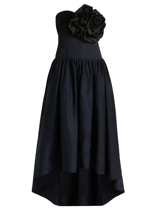 BCBGMAXAZRIA Women's Floral-Appliqué Strapless High-Low Gown - Black Sky Captain Combo