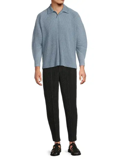 Homme Plissé Issey Miyake Men's August Long-Sleeve Polo Shirt - Slate Blue | Thumbnail 2
