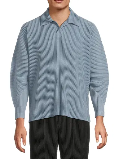 Homme Plissé Issey Miyake Men's August Long-Sleeve Polo Shirt - Slate Blue | Thumbnail 3