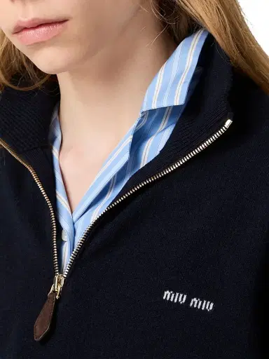 Miu Miu Women's Cashmere and Leather Zipper Sweater - Blue - Size 8 | Thumbnail 4