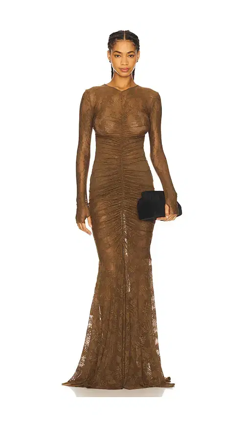 Long Sleeve V Neck Shirred Front Fishtail Gown