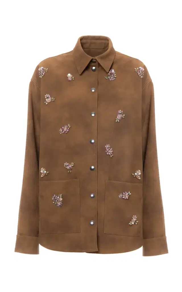 Floral Embroidered Faux Suede Shirt Jacket