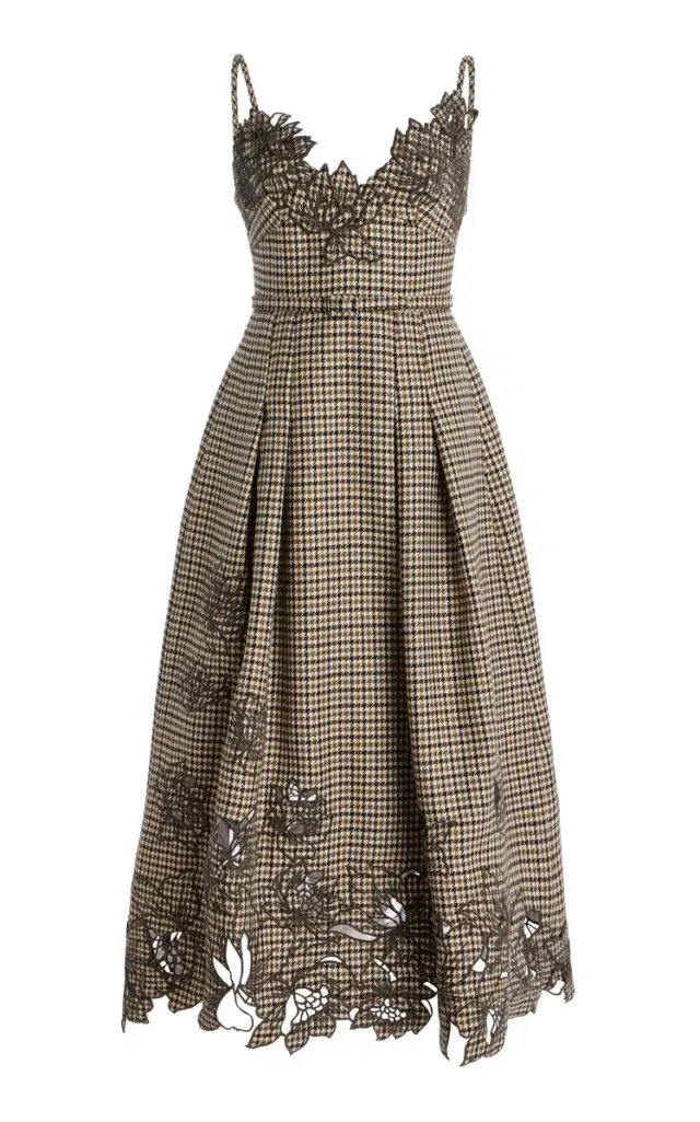 Embroidered Pied De Poule Wool Midi Dress