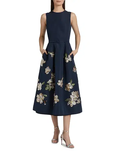 Oscar de la Renta Women's Sequin-Embellished Floral Belted Cocktail Dress - Navy | Thumbnail 2 Oscar de la Renta Women's Sequin-Embellished Floral Belted Cocktail Dress - Navy | Thumbnail 2