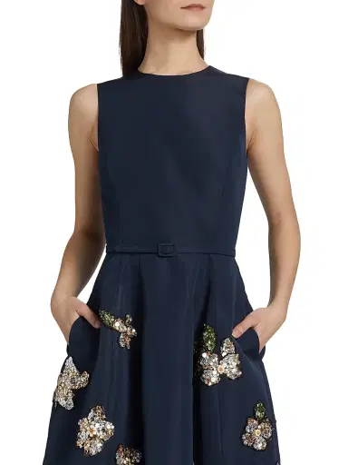 Oscar de la Renta Women's Sequin-Embellished Floral Belted Cocktail Dress - Navy | Thumbnail 7 Oscar de la Renta Women's Sequin-Embellished Floral Belted Cocktail Dress - Navy | Thumbnail 7