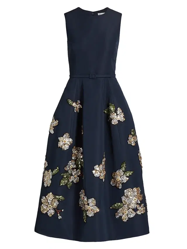 Women's Sequin-Embellished Floral Belted Cocktail Dress - Navy