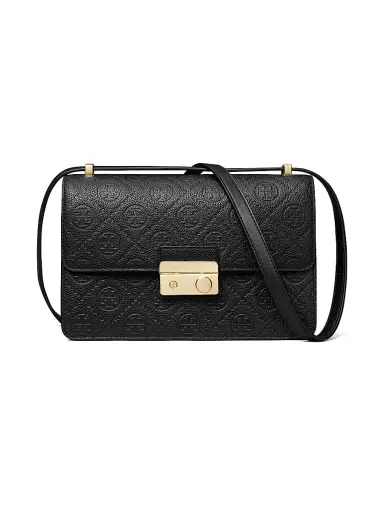 Tory Burch Women's T Monogram Pebbled Leather Shoulder Bag - Black | Thumbnail 1 Tory Burch Women's T Monogram Pebbled Leather Shoulder Bag - Black | Thumbnail 1