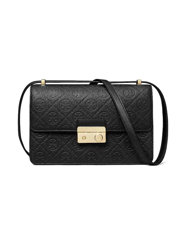 Tory Burch Women's T Monogram Pebbled Leather Shoulder Bag - Black