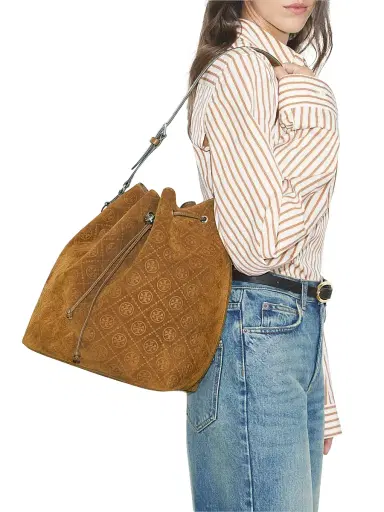 Tory Burch Women's T Monogram Suede Oversized Bucket Bag | Thumbnail 2 Tory Burch Women's T Monogram Suede Oversized Bucket Bag | Thumbnail 2