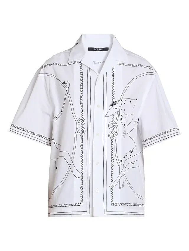 Jacquemus Men's Jean Printed Cotton Shirt - Print Dog White Black