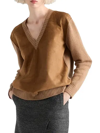 Prada Women's Cashmere Wool and Suede V-Neck Sweater - Brown | Thumbnail 2 Prada Women's Cashmere Wool and Suede V-Neck Sweater - Brown | Thumbnail 2