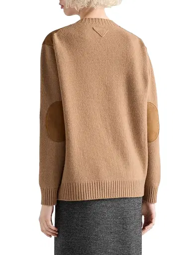 Prada Women's Cashmere Wool and Suede V-Neck Sweater - Brown | Thumbnail 3 Prada Women's Cashmere Wool and Suede V-Neck Sweater - Brown | Thumbnail 3