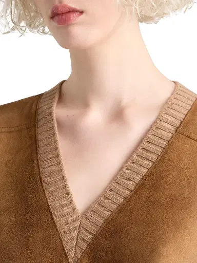Prada Women's Cashmere Wool and Suede V-Neck Sweater - Brown | Thumbnail 5 Prada Women's Cashmere Wool and Suede V-Neck Sweater - Brown | Thumbnail 5