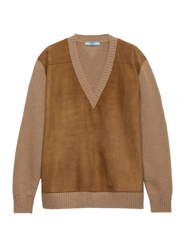 Women's Cashmere Wool and Suede V-Neck Sweater - Brown