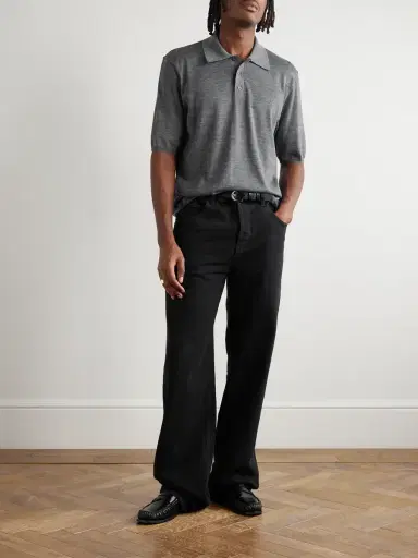 Saint Laurent Cassandre Logo-Embroidered Wool Polo Shirt - Men | Thumbnail 2