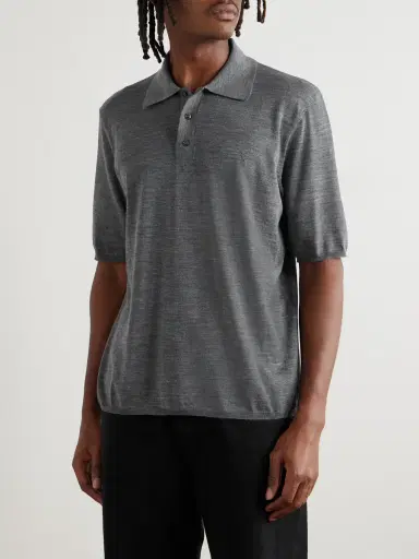 Saint Laurent Cassandre Logo-Embroidered Wool Polo Shirt - Men | Thumbnail 3