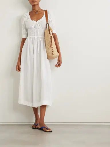 DÔEN Ischia Shirred Organic Cotton-blend Voile Midi Dress | Thumbnail 2 DÔEN Ischia Shirred Organic Cotton-blend Voile Midi Dress | Thumbnail 2