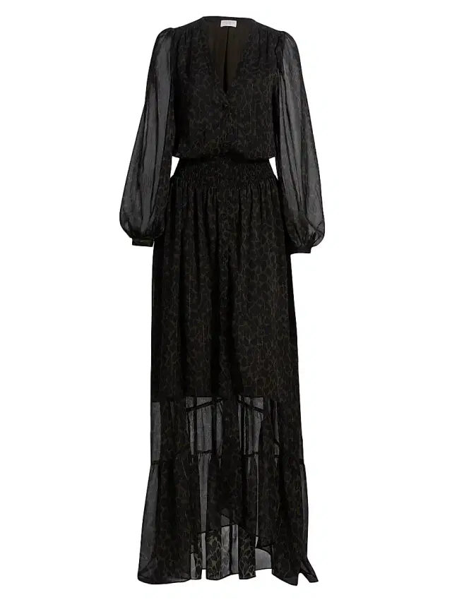 Ramy Brook Women's Teresa V-Neck Long-Sleeve Maxi Dress - Black Deep Olive Foliage